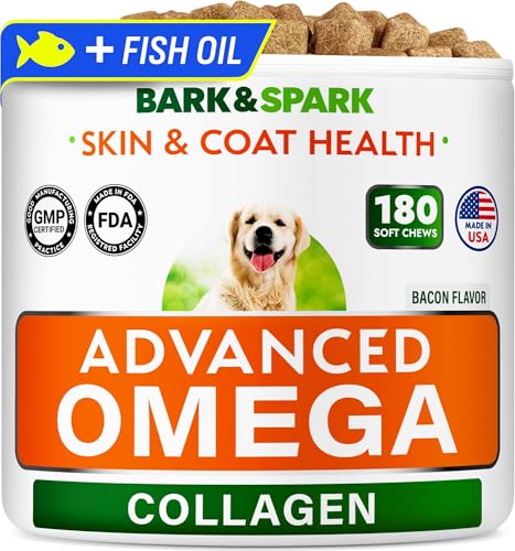 BARK&SPARK Advanced Omega-3 Collagen for Dogs - 180 Fish & Salmon Oil Treats for Dog Shedding, Skin Allergy Chews, Itch Relief, Hot Spots Treatment - Jointm Skin & Coat Supplement, EPA&DHA Fatty Acids
