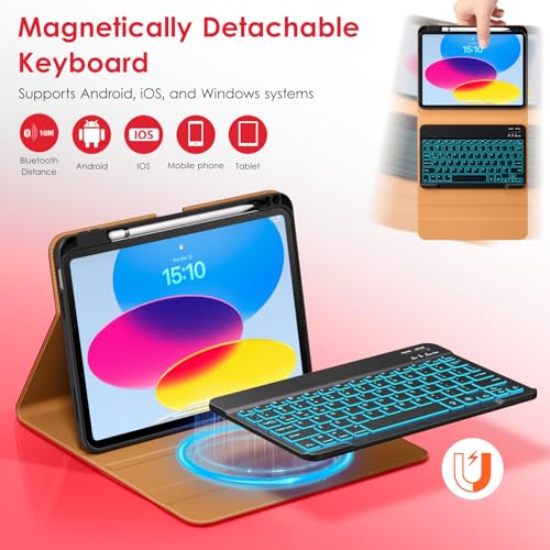 Image of DTTO for iPad 11th (A16) / 10th Generation Case with Keyboard (2025 /2022), 7 Colors Backlit Wireless Detachable Keyboard Leather Folio Cover with Pencil Holder & Pocket, Bright Red