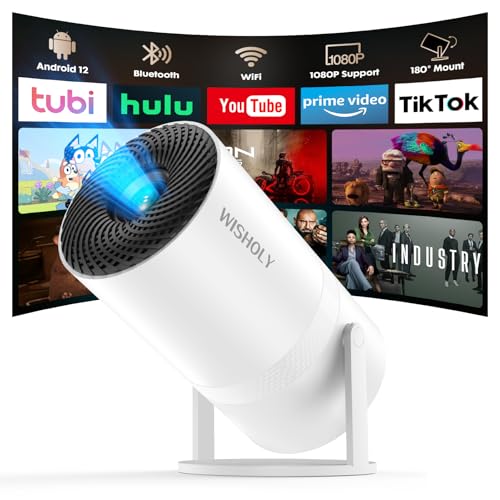 Built-in Apps & Android 12WISHOLY Mini Projector with WiFi and Bluetooth Portable Smart Projector with Auto Keystone Correction 1080P Support 180 Rotatable HDMI USB Compatible