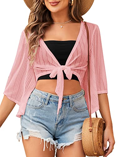 ZAFUL Women's Cropped Bolero Sheer Shrugs for Dress Short Sleeve Tie Front Cardigan