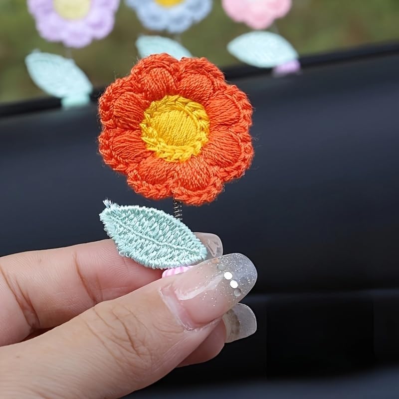 5-Pack Crochet Flower Car Ornaments - Handmade Bobbing Flowers in Purple, Pink, White, Orange, Charming Dashboard & Rearview Mirror Decor, for Home or Office, 2.09 x 1.3 Inches
