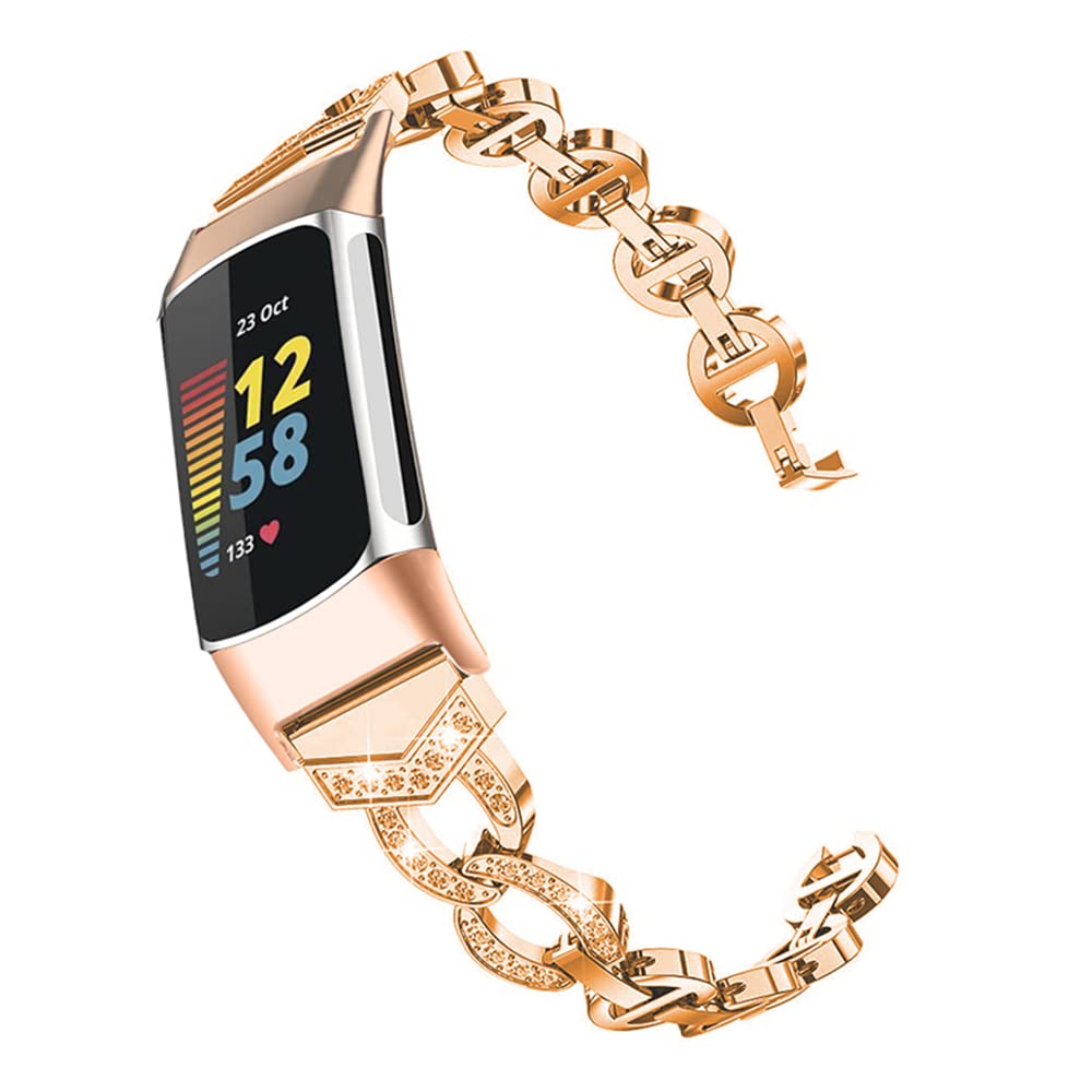 AISPORTS Compatible with Fitbit Charge 6/5 Strap for Women, Slim Crystal Bling Glitter Diamonds Rhinestones Metal Sport Wristband Bracelet Replacement Strap for Fitbit Charge 6/5 Activity Tracker