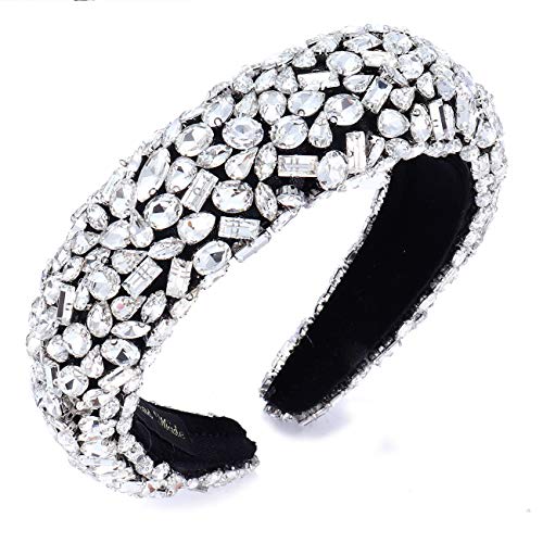Rhinestone Padded Headband for Women Crystal Wedding Headband Statement Gemstone Bejewelled Hairband for Party (White#3)