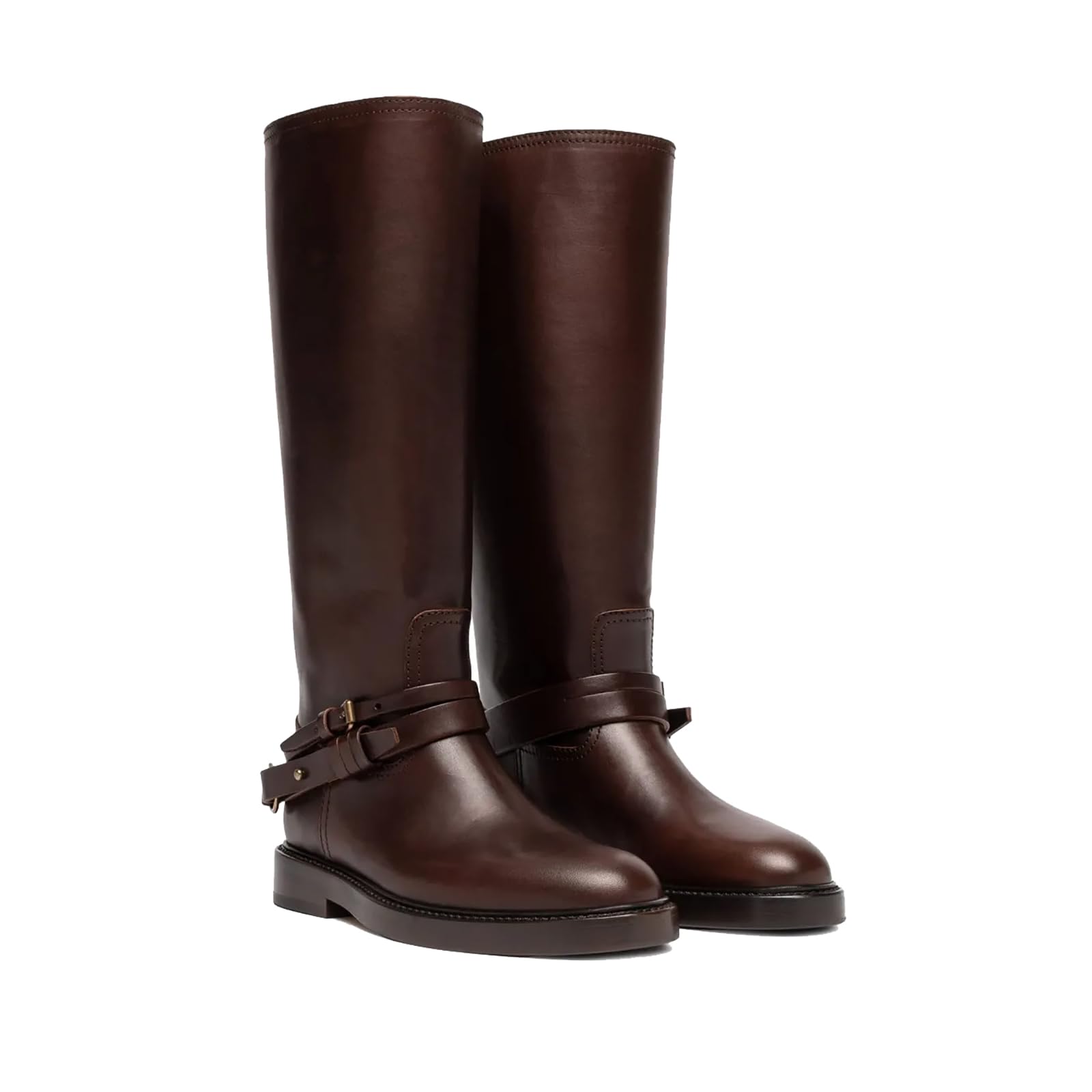 Womens Leather Knee High Boots Flat Heel Round Toe Pull-On Two Strappy Riding Long Boots Black Brown