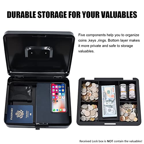 Image of KYODOLED Metal Cash Box with Combination Lock Money Box for Cash Safe Metal Box with Money Tray for Security Lock Box 11.81 inchx 9.45 inchx 3.54 inch Black X Large