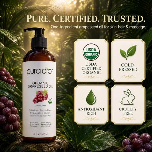 PURA D'OR USDA ORGANIC Grapeseed Oil Pure Cold-Pressed Carrier Oil, 16oz - image 4
