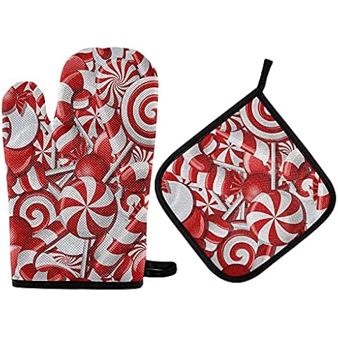 Weihnachts-Zuckerstangen-Ofenhandschuhe, Topflappen-Set, 2 Stück, rote Süßigkeiten, rutschfest, hitzebeständig, heiße Pads für Damen Cover
