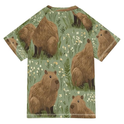 Boys Short Sleeve T-Shirts Capybara Green Floral Rashguard Kids Swim Shirts Sun UPF 50+2