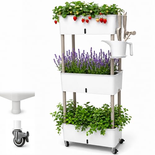 3-Tier 46.7"H Rolling Raised Garden Bed with Wheels, Self Watering Planter Box with Visible Water Level, Gray Rustproof Plastic Herb & Strawberry Planter for Indoor Outdoor Vegetables Flowers, DIY Kit