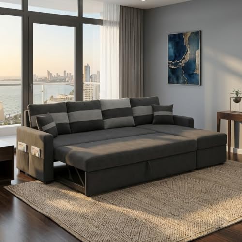 Image of CASASTYLE Sumur 6 Person Seating RHS L Shape Sofawith Pull Out Bed & Storage Lounger | Premium Soft Velvet Suede Fabric | Comfort Cushions | Ideal for Living Room, Hotel & Office (Dark Grey)