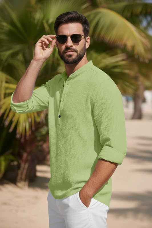 Image of Men's Cotton Blend Short Kurta with Collared Neck Full Sleeves Solid Pattern Western Style Regular Fit and Standard Length
