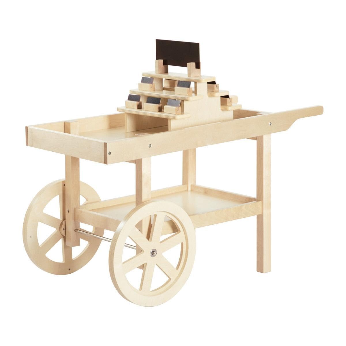 Kaplan Early Learning Wooden Market Cart - Dramatic Play for Toddlers - Authentically-Inspired Design with Real Rotating Wheels, Tiered Display, & Multiple Shelves for Pretend Play Food & Accessories