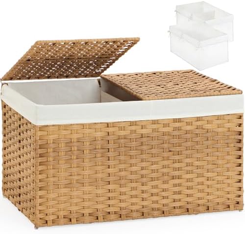 Storage Basket with Lid Rattan Woven Storage Baskets with 2 Separ...