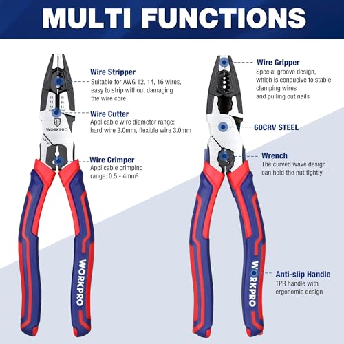 WORKPRO 6-in-1 Linesman Pliers with Wire Cutter and Stripper, 8 Inch Multipurpose Combination Pliers, Premium CRV Steel Hand Tool Plier for Twisting Cutting Wires and Clamping Screws - Image 3