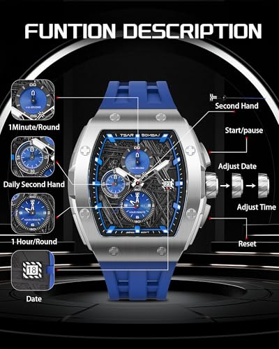 Image of TSAR BOMBA Men's Luxury Quartz Watch, Luminous Dial 5ATM Water Resistance Silicone Strap Men's Wristwatch Ideal Gift for Men