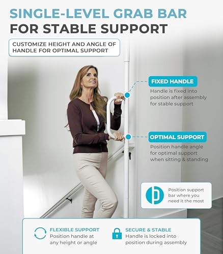 Image of Stander Single Handle Non-Rotating Floor to Ceiling Grab Bar, No-Drill Tension Mounted Transfer Pole for Seniors, Bath Safety & Bedside Assist Rail for Home Standing Support & Fall Prevention, White