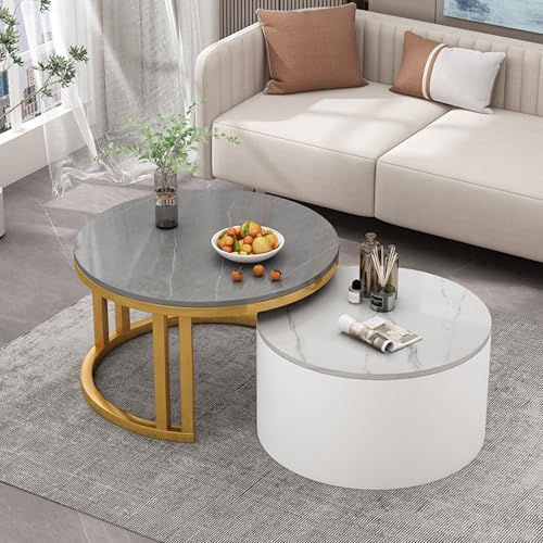 DIHRVTHC Mesas De Café Redondas Modernas, Juego De 2 Mesas De Café Apilables,Mesa De Café con Almacenamiento, para Sala De Estar, Balcón, Apartamento, Dormitorio, Oficina(Rock Slab)
