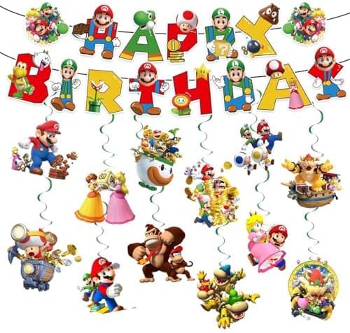 Video Game Birthday Party Decorations, 1 Happy Birthday Banner with 12 Hanging Swirls Ceiling Streamers Decorations for Kids Party Supplies