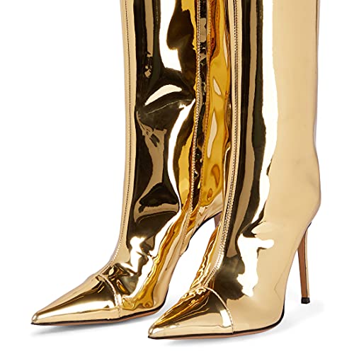 Image of Arqa Knee High Boots for Women Wide Calf 4 in Stiletto High Heel Metallic Boots Winter Chrome Zipper Long Boots Dressy Party Shoes