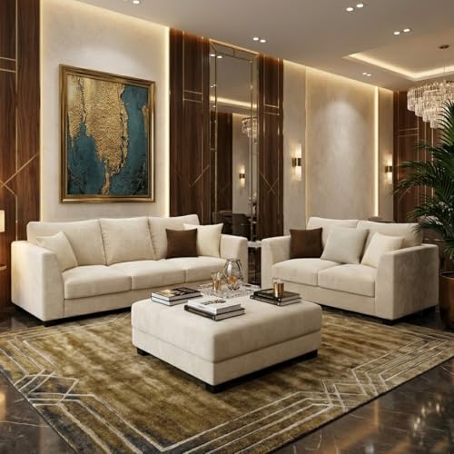 Image of SOCOZI Trevano 5 Seater Sofa Set with Ottoman (3 Seater + 2 Seater + Ottoman) | Soft Velvet Suede Fabric | Plush Comfort Cushions for Living Room (Cream)