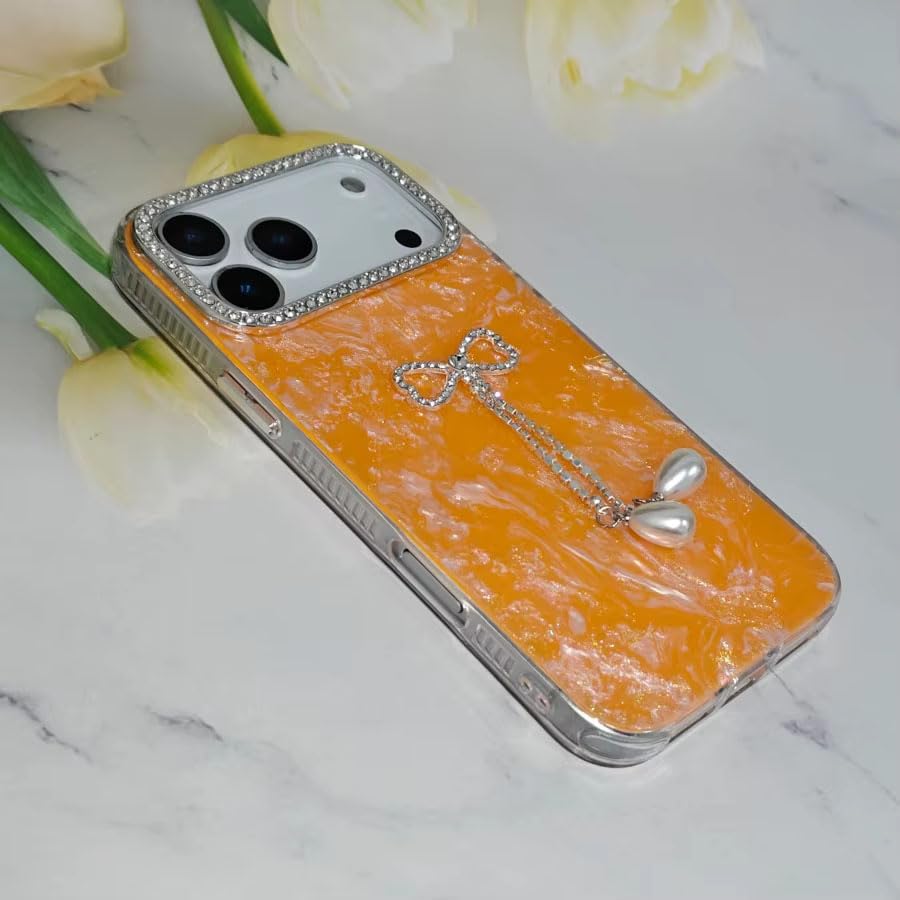 Image of mobistyle Compatible with iPhone 17 Pro Max | Shell Pattern with Bow Tassel and Daimond Camera Lens Protection Back Cover Case for Women Girls iPhone 17 Pro Max (Orange)