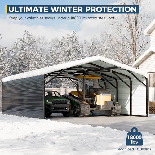 Image of 20x26 FT Heavy Duty Carport with Structural Reinforcement | 2-Sided Enclosure | Galvanized Steel Roof| Ground Anchors | Snow /Wind Resistant | Fits Trucks, RVs, Pickups, Boats, Tractors, SUVs