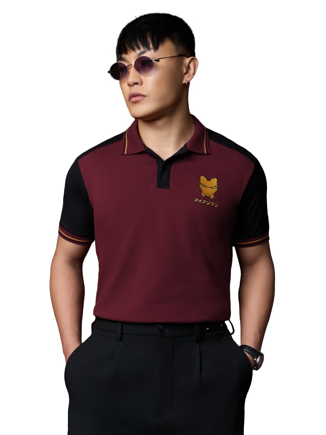 the souled store Marvel: Mask of A Hero Men and Boys Short Sleeve Spread Collar Burgundy and Black Colour-Block Embroidered Cotton Regular Fit All-Season Lightweight Polos-picture-17