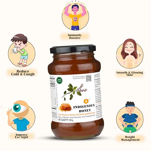 Image of INDIGENOUS HONEY Tulsi Basil Honey Raw Natural Pure Unprocessed NMR Tested Unpasteurized Unheated 530g Glass Jar Pack of 2