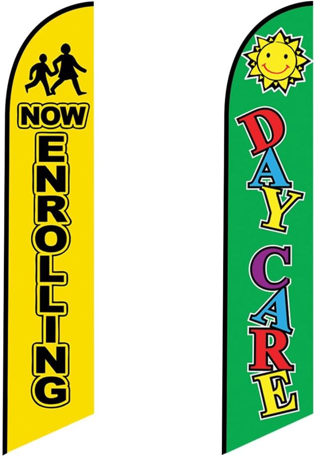 DAY CARE & NOW ENROLLING Feather Flag Swooper Banner Includes 15FT Pole Kits and Ground Spikes Eye catching Outdoor Advertising Signs for Childcare Centers – 2 Complete Sets