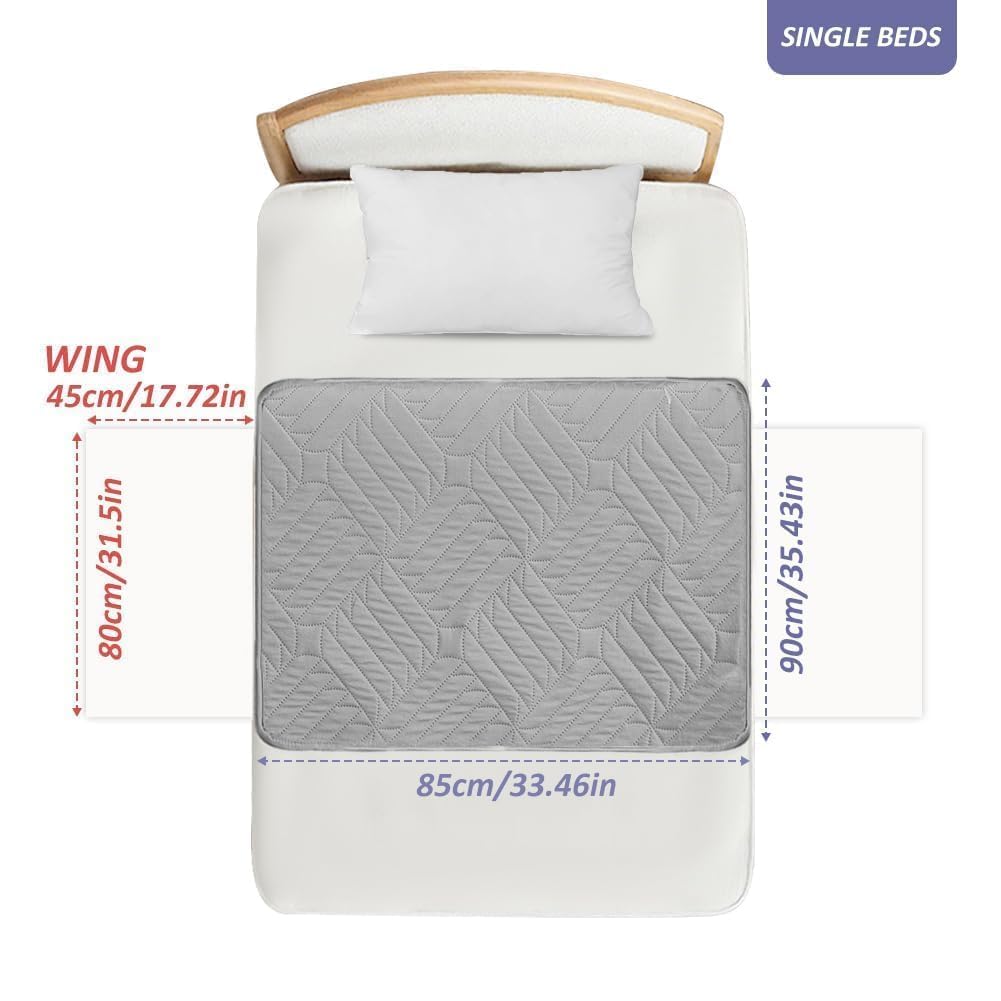 DUJUIKE Assorbente Per Incontinenza Lavabile Con Ali, Coprimaterasso Impermeabile, Lenzuolo Assorbente Riutilizzabile Per Incontinenza E Pipì A Letto, Fondo Antiscivolo (Grigio Chiaro, 85×90cm)