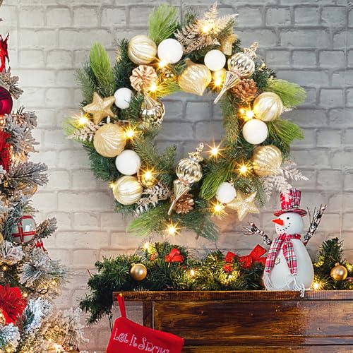 24 Inch Lighted Christmas Wreath, Pre-Lit Christmas Wreath with Pinecones and Gold Accents, Warm White Light Outdoor Pine Wreath Home Decorations for Front Door, Window - Gold