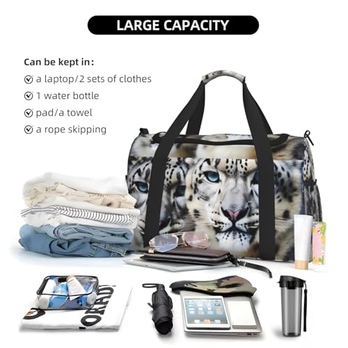 Travel Duffel Bag Lightweight Waterproof Carry On Tote Bag Foldable Weekender Overnight Bags Blue Eyed Snow Leopard Sport Gym Bag For Women Men4