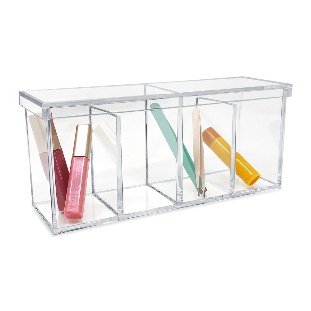 Isaac Jacobs Organizador acrílico transparente de 4 compartimentos con tapa (9 pulgadas de largo x 3 pulgadas de ancho x 4 pulgadas de alto), soporte para brochas de maquillaje, bandeja seccional,