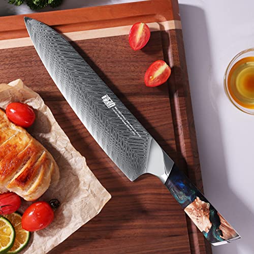 Findking Nebula Series Chef Knife With Abs Sheath, Multipurpose Japanese Gyuto Knife, 10Cr15Comov Damascus Steel Blade, Resin And Figured Sycamore Wood Handle, Full Tang, 8 Inch, Blue, For Meat #TOP6