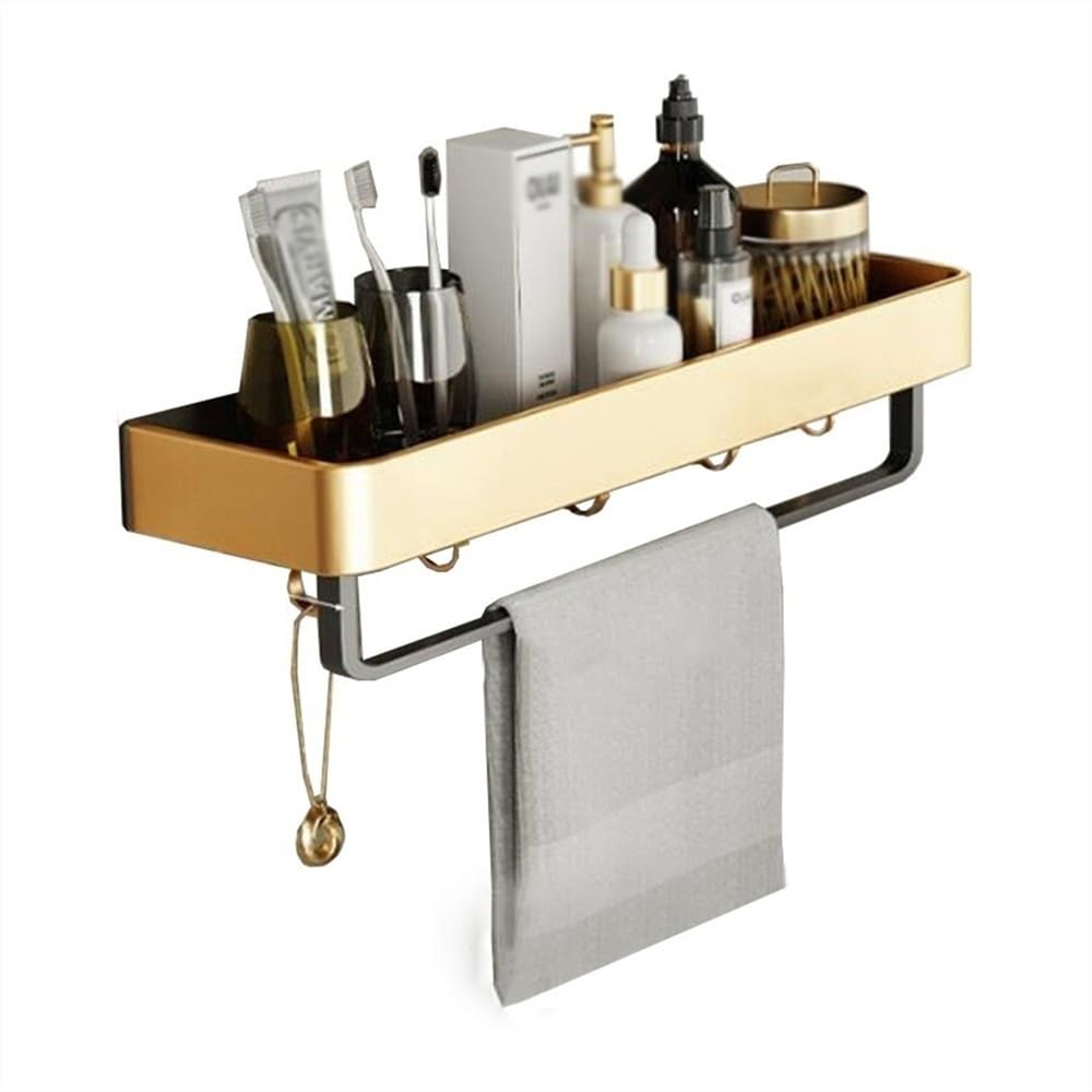 Towel Rack Shower Caddy Shelf with Towel Bar, Wall Mounted Aluminum Organizer with Hook(50cm)