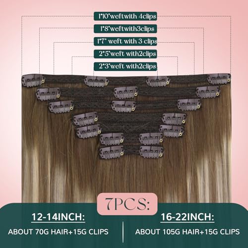 Image of Easyouth Clip in Hair Extensions Brown Balayage Remy Human Hair Clip in Extensions Chestnut Brown Balayage Platinum Blonde Silky Hair Extensions Clip ins Lightweight 14 Inch 7Pcs 80G
