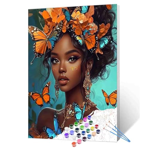Peinture à l'huile par numéros sur toile haut de gamme motif portrait africain et papillons