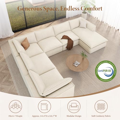 Image of Vesgantti 141.7 inch Oversized Sectional Boneless Couch, Modern 7 Seater Modular Sofa with Chaise, Deep Seat Convertible Plush Corduroy Cloud Couches for Living Room, No Assembly Required, Beige