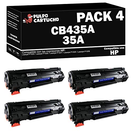 Pulpo Cartucho   Toner CB435A Negro Compatible con HP CB435A / Ref. 35A   Pack 4   Valido para Impresoras Laserjet P1005 / Laserjet P1006 / Laserjet P1007 / Laserjet P1008 / Laserjet P1009
