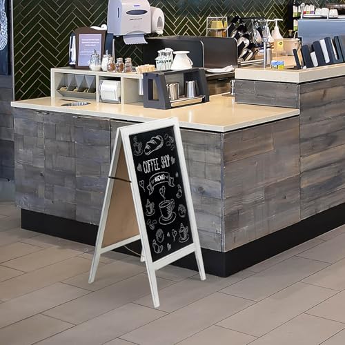 MyGift Large 40 Inch Tall Standing Vintage White Wood Dual Sided Sidewalk Chalkboard Sign, Freestanding A-Frame Easel with Double Side Erasable Message Board