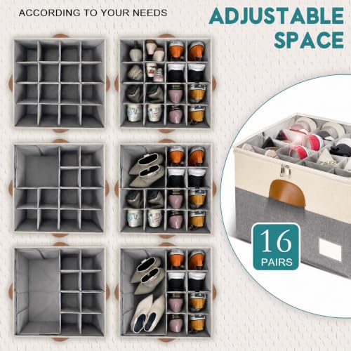 Image of 2 Pack Shoe Organizer for Closet Foldable Storage Box with Clear Cover | Fits 16-32 Pairs Boots and Heels Sneaker Sandals Stackable with Adjustable Divider Space Saving Dorm White