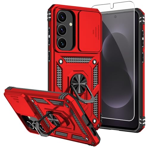 SKMY for Samsung Galaxy S25 FE Case,with Screen Protectors and Camera Cover,[Military Grade] 16ft.Drop Tested Cover with Magnetic Kickstand Protective Case for Galaxy S25 FE, Red