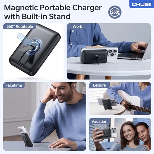 for Magsafe Portable Charger, 12000mAh Wireless Magnetic Power Bank with Stand and USB C in/Out Fast Charging, for Magsafe Battery Pack Compatible with iPhone 15/14/13/12 Pro/Pro Max Series-Black