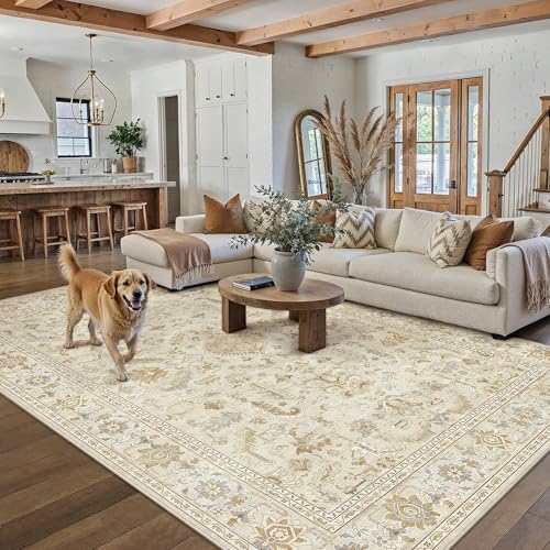 Teppich Wohnzimmer 240x300cm Waschbarer Vintage Beige Tepiche for Schlafzimmer rutschfest kurzflor Weich Böhmischen Retro Groß XXL Carpet für Livin