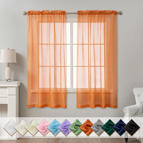 Image of Orange Sheer Curtains 63 Inch Length, Privacy Semi Sheer Curtains for Living Room Bedroom, Light Filtering Rod Pocket Voile Window Drapes 2 Panels Set, Each 42 inch W x 63 inch L