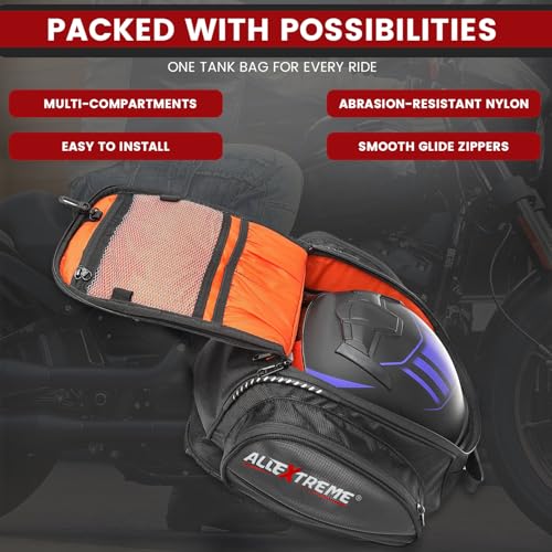 Image of Allextreme Magnetic Tank Bag for Bike Universal Fit Motorcycle Storage with Rain Cover, Strong Magnets & Multi-Pocket Design Travel Riding Gear for Daily Commute, Touring & Camping (28L, Black)