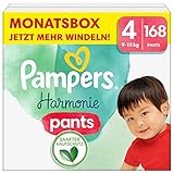 Pampers Baby Windeln Pants Größe 4 (9kg-15kg) Harmonie, Monatsbox, sanfter Hautschutz und pflanzenbasierte Inhaltsstoffe, 168 Höschenwindeln