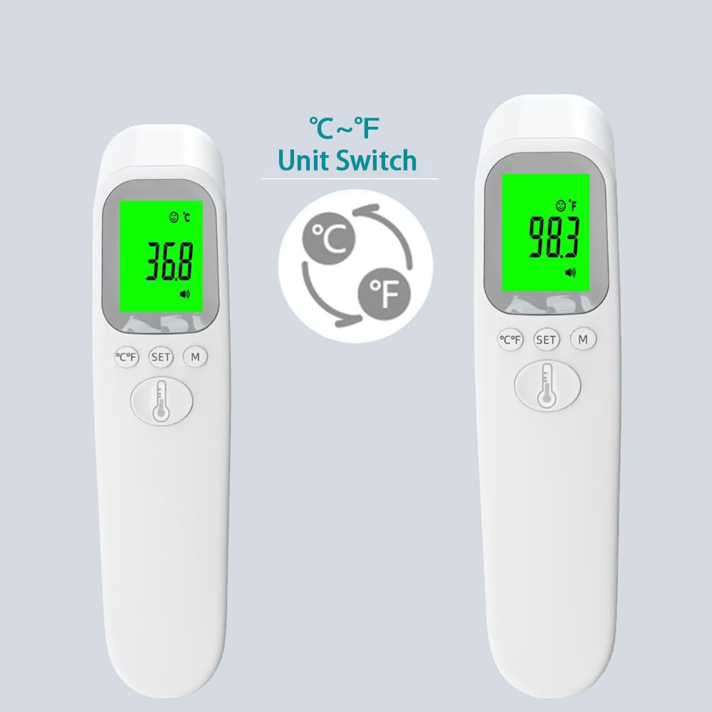 Thermomètre Frontal Sans Contact, Thermomètre Numérique avec 32 Mémoires, Écran LCD Rétroéclairé, Thermometre Frontal Adulte et Enfant, Lecture Instantanée 1s