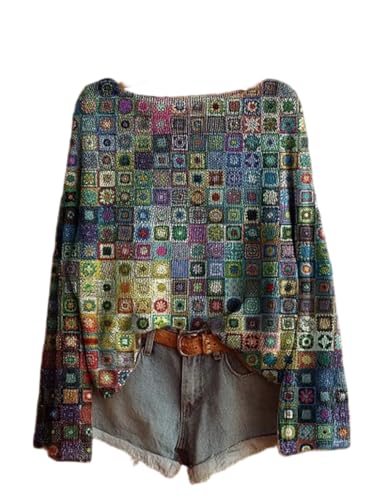 Epanus Women's Patchwork Square Oversized Sweatshirt Colorful Eclectic Print Loose