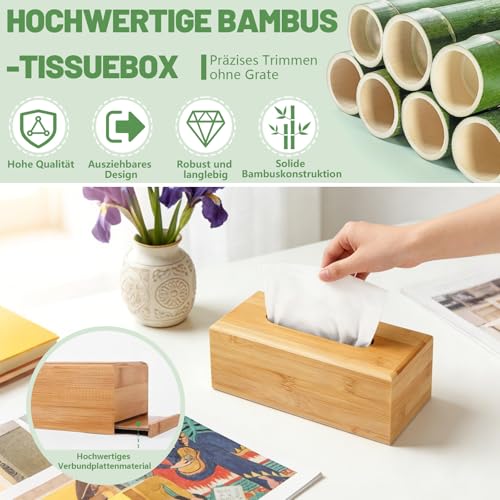 Taschentuchbox, Bambus-Tissuebox-Hülle – Wasserabweisende rechteckige Holz-Tissuebox mit Schiebeboden – 23 x 12 x 8 cm Holz Kosmetiktücher Box (Natürliche Holzfarbe)